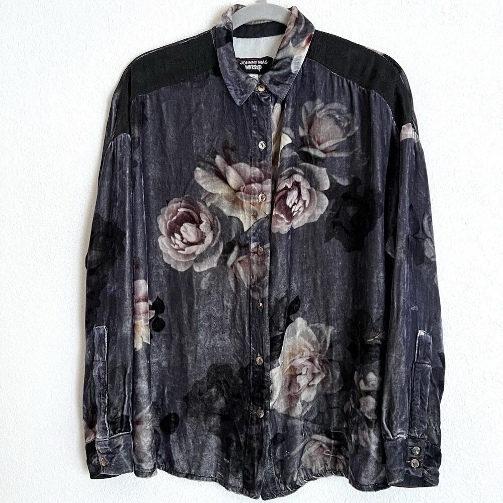 Johnny Was Workshop Drop Shoulder Shirt Floral Print Silk Blend size XS